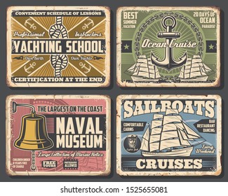 Nautical vector design of anchors, chains and ocean ship rope, sailboat, compass and marine sailor knot, sea captain cap and bell. Rusty metal signboards of yachting school, naval museum, ocean cruise