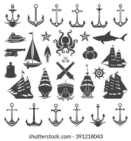 Nautical Vector Design Elements. Anchors and Ships Silhouettes Isolated On White Background. Vector objects for Labels, Badges, Logos Design. Marine, Ocean Cruise Icons, Helm and Octopus Symbols.