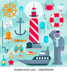 Nautical vector design elements with sailor and boats, helms and lighthouses for sailors day.Lifebuoy, anchor, gull, crab, steering wheel, rum, binoculars, jellyfish