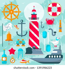 Nautical vector design elements with sailor and boats, helms and lighthouses for sailors day.Lifebuoy, anchor, gull, crab, steering wheel, rum, binoculars, jellyfish