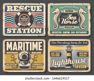Nautical vector design of rusty signboards with sea ship or boat anchors, ocean waves and marine rope, navigation lighthouse, vintage diving helmet, lifebuoy and seahorse. Beach club bar or restaurant
