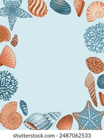 Nautical vector elements frame with empty space for text. Template for a party invitation in a nautical style. Vertical border of brown and blue shells, starfish, corals