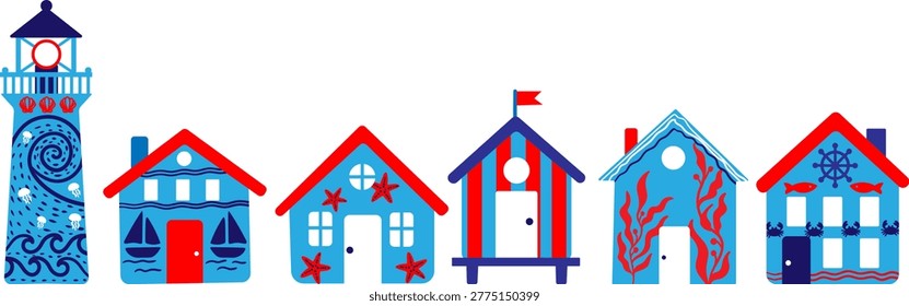 nautical vector elements set with lighthouse and beach houses hand drawn coastal clip art for summer stickers and kids design