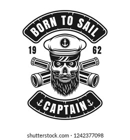 Nautical vector emblem with captain skull and two crossed spyglass in vintage style isolated on white background