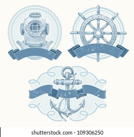 Nautical vector emblems with hand drawn elements - old diving helmet, ship steering wheel and anchor