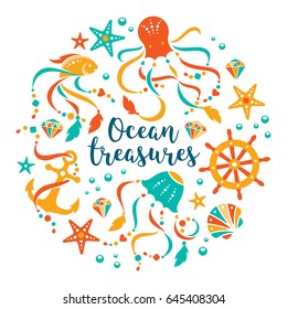 Nautical vector flat illustration with set of sea animals and gems. 