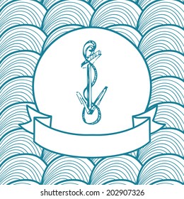 Nautical vector frame with anchor ribbon and sea waves