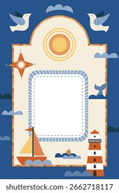 Nautical vector frame with lighthouse, sailboat, compass rose, flying birds, fish, and sun. Cartoon-style marine template with space for text on a white background. Flat children’s illustration.