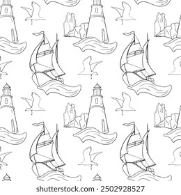 Nautical vector graphic seamless pattern of sailing ship on wave . Marine repeating texture of lighthouse and rocks black and white line art. Boat seagull beacon endless monochrome background.