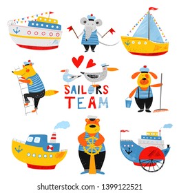 Nautical vector hand drawn illustration for kids. Cute funny animals - sailors and sea ships. Sailors team. Cartoon flat characters. Marine background. Childish pencil drawing. Set of sea elements.