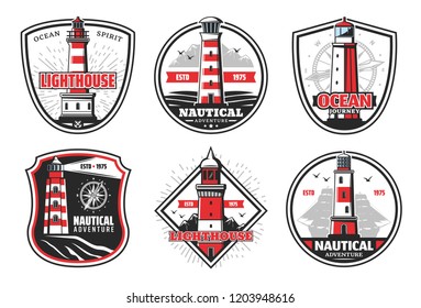 Nautical vector icons with lighthouses snd beacons. Vector beacons and ship or compass silhouettes, signal light tower in sea with red stripes on cliff. Isolated icons and symbols