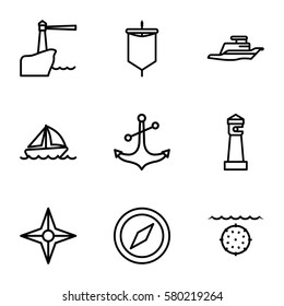 nautical vector icons. Set of 9 nautical outline icons such as lighthouse, anchor, ship, boat, compass, sail