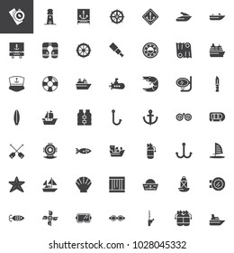 Nautical vector icons set, modern solid symbol collection, filled style pictogram pack. Signs, logo illustration. Set includes icons as lighthouse, anchor, lifejacket, submarine, boat, ship, marine 