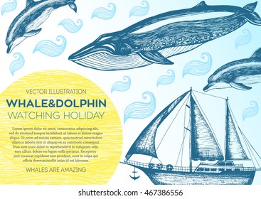 Nautical vector illustration drawn in ink. Frigate, whale and dolphin on the waves. Sea design template. Whales and dolphin watching holiday.