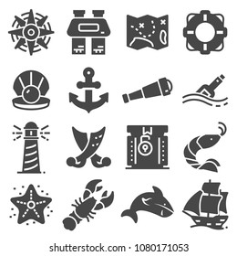 Nautical vector illustration icon set. Included the icons as sailor, whale, sea, ship, lighthouse and more.