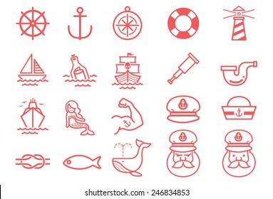 Nautical vector illustration icon set. Included the icons as captain, sailor, whale, sea, ship, lighthouse and more.