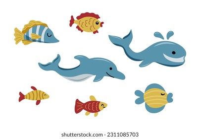 Nautical vector illustration set with dolphin, whale and fishes.