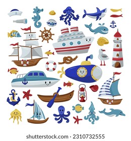 Nautical vector illustration set with ships, boats, sea animals and shells.