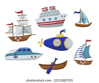 Nautical vector illustration set with ships, boats and submarine.
