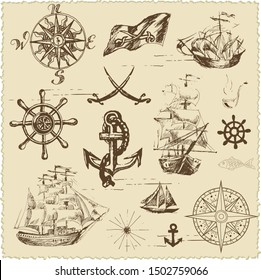 Nautical Vector Illustration Set. Vintage image.