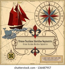 Nautical vector illustration with wind-rose, ship and whale Wind-rose and vintage frame