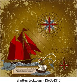 Nautical vector illustration  with wind-rose, ships, fishing boat, whale, sword fish Card Retro art