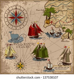 Nautical vector illustration with wind-rose, ships, fishing boat, whale, sword fish, treasure Card Retro art Old map