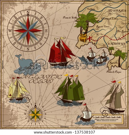 Nautical vector illustration with wind-rose, ships, fishing boat, whale, sword fish, treasure Card Retro art Old map