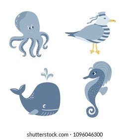 Nautical vector ocean set with sea creatures