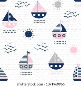 Nautical vector seamless pattern with boats, waves and suns in pink, blue and gray colors on wavy backgrounds for graphic design and summer clothes
