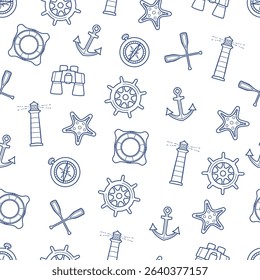 Nautical Vector Seamless Pattern of Icons in Outline Style Including Compass, Wheel, Lifebuoy, Anchor, Lighthouse and Starfish