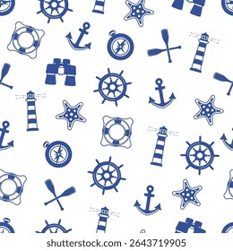 Nautical Vector Seamless Pattern of Icons Including Compass, Wheel, Lifebuoy, Anchor, Lighthouse and Starfish
