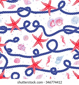 Nautical vector seamless pattern with navy marine rope, red starfish, shells, seahorse. Dotted backdrop. 