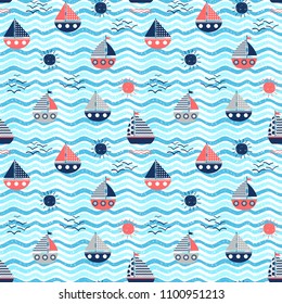 Nautical vector seamless pattern with red and blue boats, waves and suns on wavy backgrounds for summer graphic design