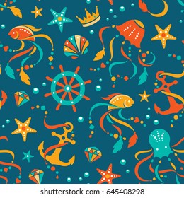 Nautical vector seamless pattern with sea animals and gems. 