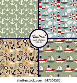 Nautical vector seamless patterns set  with ships, steamships, anchors, lighthouse, seashells, boats. Cute childish Vector background.