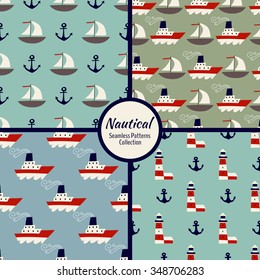 Nautical vector seamless patterns set  with ships, steamships, anchors. Cute childish Vector background.