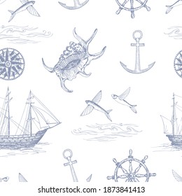 Nautical vector sketch seamless pattern background.. Hand drawing realistic outline vector image.
