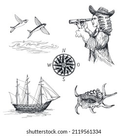 Nautical vector sketch set. Hand drawing black realistic outline vector image.