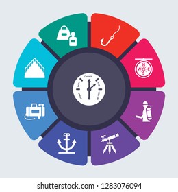 nautical vector template for infographics. Business concept with 9 options, steps, parts, segments. Banner infographic cycling diagram, round chart, Barometer, ballast, Bait, Azimuth compass icons