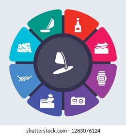 nautical vector template for infographics. Business concept with 9 options, steps, parts, segments. Banner infographic cycling diagram, round chart, Windsurf Board, Windsail, Whisky icons