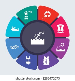 nautical vector template for infographics. Business concept with 9 options, steps, parts, segments. Banner infographic cycling diagram, round chart, marine, Lighthouse, Lifesaver, Lifejacket icons