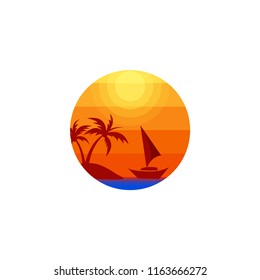Nautical vector template logo design, sailboat objects and palm trees on the beach at dusk