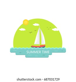 Nautical vehicle: sail boat, ship, vessel. Time to travel.  Vector  icon isolated on green background.