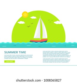 Nautical vehicles: sail boat, ship, vessel, luxury yacht, speedboat with text summer time. Vector flat  icon, concept for web site.