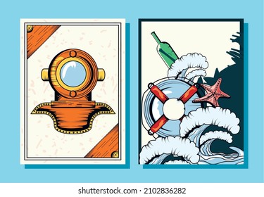 Vertikale nautische Banner mit Helm und Lifebuoe