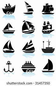 Nautical Vessel Black Icon Set : Boat themed set of icon objects made in a simplistic style.