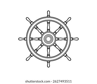 Nautical vessel steering wheel icon. Black outline art