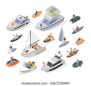 Nautical vessels isometric icons set with kayak canoe and sailing ship isolated vector illustration