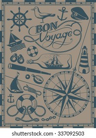 Nautical Vintage Drawings: Sea Navigation Background and Set of Vessel Illustrations and Icons